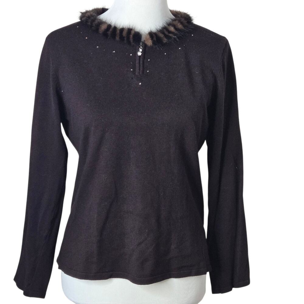 Bonnie & Bill By Holly Mink Fur Trim Sweater Silk Blend Brown Size Large